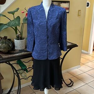 Vtg Womens Blue & Black Metallic Paisley Embroidered 2 Piece Blazer Skirt Set 12